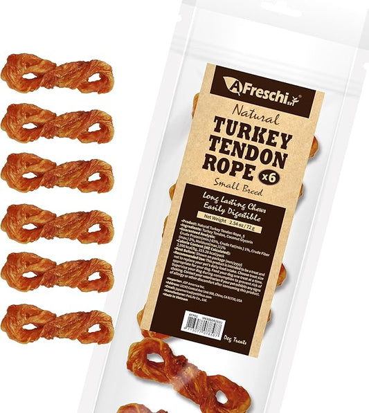 Afreschi Turkey Tendon for Dogs, Small Rope 6 Pieces per Pack, USA-Sourced Turkey, All Natural Human Grade Puppy Chew, Hypoallergenic, Rawhide Alternative, Dog Treats for Small Breeds