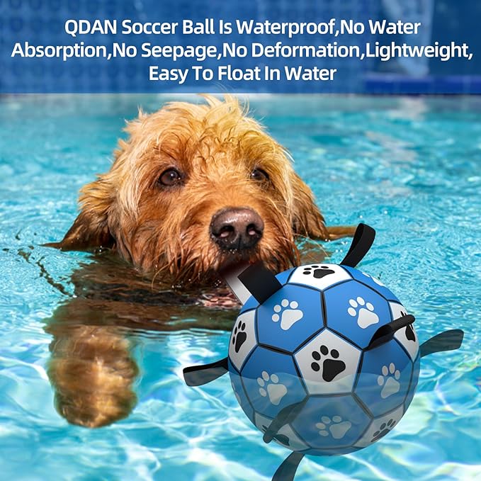 QDAN Dog Ropes Toys Soccer Ball with Straps, Interactive Dog Toys for Tug of War, Puppy Birthday Gifts, Dog Tug Toy, Dog Water Toy, Durable Dog Balls for Small & Medium Dogs-Blue&Grey（6 Inch）