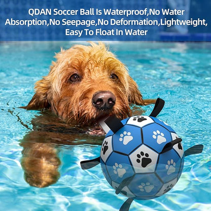 QDAN Dog Ropes Toys Soccer Ball with Straps, Interactive Dog Toys for Tug of War, Puppy Birthday Gifts, Dog Tug Toy, Dog Water Toy, Durable Dog Balls for Small & Medium Dogs-Blue&Grey（6 Inch）