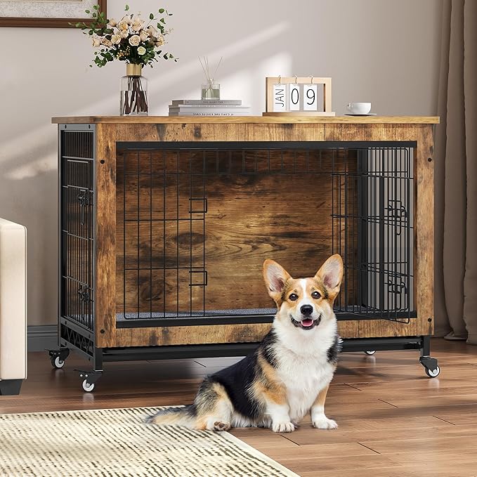 YITAHOME YITAHOME Dog Kennel Furniture with Wheels, Wooden Dog Crate Furniture with Cushion, Dog Crate End Table with Tray, 38" Dog Cage with Double Doors for Small/Medium Dog (Rustic Brown)
