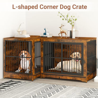 86 Inch Double Dog Crate Furniture with Divider, 4 Combination Forms Large Dog Kennel Furniture for 2 Dogs, Rustic Brown Corner Dog Kennel for Small Medium Large Dogs