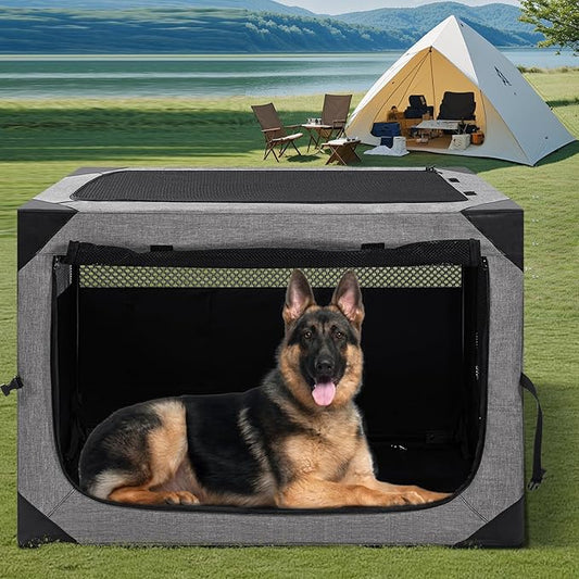 36 Inch Portable Travel Dog Crate, 3 Door Collapsible Soft Pet Kennel with Durable Mesh Windows for Medium Dogs, Foldable Dog Cage with Storage Pocket for Outdoor (Light Grey)
