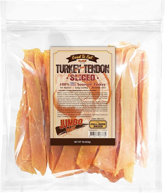 Gootoe Turkey Tendon Dog Treats, Sliced (M) 1 lb, 100% USA-Sourced Turkey, Natural Snack, Premium Puppy Chews, Hypoallergenic, Rawhide Free, Reseal Value Bags, Sizes for Medium Dogs