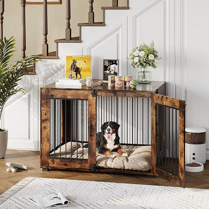 23.6" Dog Crate Furniture - Chew-Resistant Wooden Kennel with Locking Double Doors, Indoor Pet Cage End Table for Small Breeds