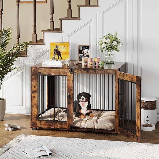 31.5" Dog Crate Furniture, Lockable Double Door Wooden Pet Crate for Indoor Use, Stylish Pet Crate End Table for Small/Large/Medium Dogs, Decorative Pet House, Functional Chic Puppy Crate Furniture