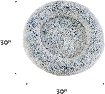 Best Friends by Sheri Original Calming Donut Dog and Cat Bed, Shag Faux Fur, Denim Blue, (30in x 30in) - Anxiety Relief for Pets Up to 45 lbs