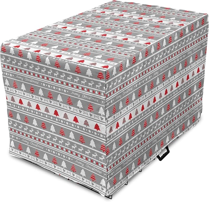 Ambesonne Christmas Dog Crate Cover, Xmas Border Deers Trees and Merry Christmas Lettering Bows Bells Image, Easy to Use Pet Kennel Cover for Medium Large Dogs, 36 Inch, Grey White and Red