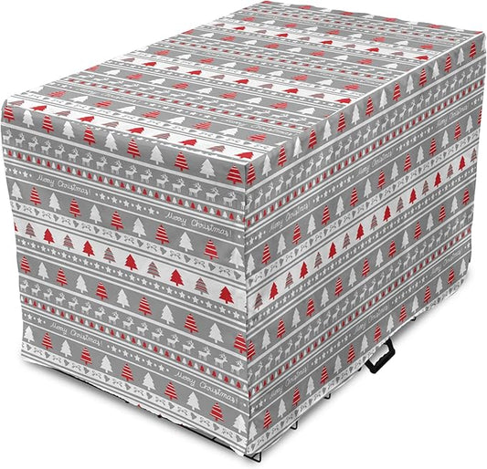 Ambesonne Christmas Dog Crate Cover, Xmas Border Deers Trees and Merry Christmas Lettering Bows Bells Image, Easy to Use Pet Kennel Cover for Medium Large Dogs, 42 Inch, Grey White and Red