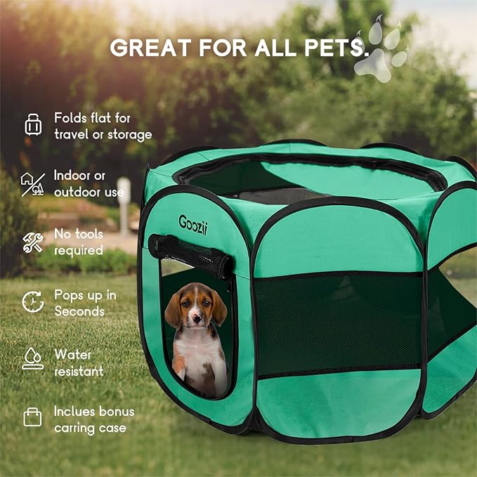 Portable Dog Playpen for Small Dogs Indoor Outdoor, Collapsible Pop Up Puppy Cat Kitten Play Pen Tent Cage Enclosed, Foldable Pet Crate Kennel with Zipper Top Gate for Car Travel - Green