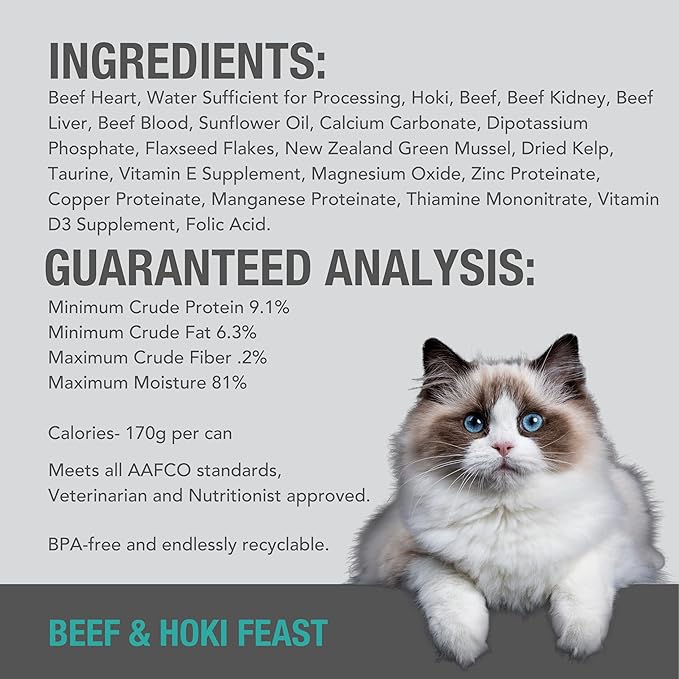 Feline Natural Wet Cat Food Pate, Beef & Hoki Feast, 6 Oz Cans (Pack of 12), Grain Free, Made in New Zealand with Grass-Fed and Finished Beef and Sustainably Caught Hoki Fish