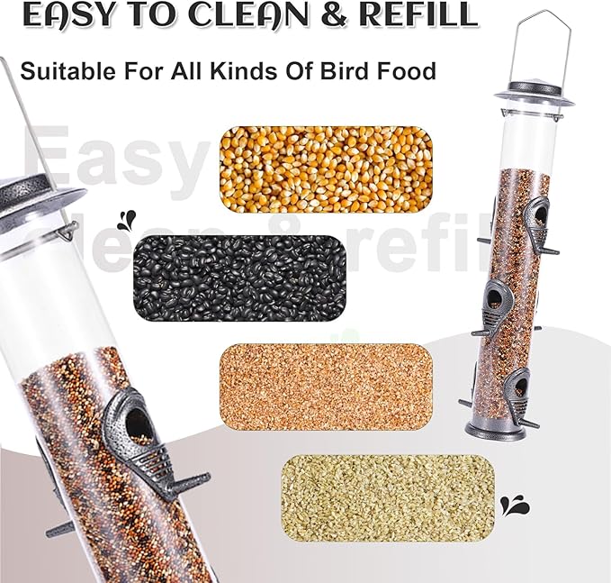 MIXXIDEA 2PK Metal Bird Feeders with 6 Feeding Ports,Tube Bird Feeder with Steel Hanger,Hard Plastic Wild Bird Feeder for Outdoors Hanging, Attracting Birds in Your Lawn, Garden, Balcony (Grey)