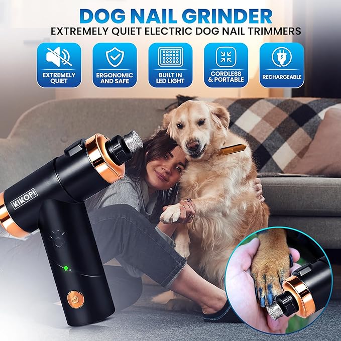 Dog Nail Grinder with LED Light, Extremely Quiet Electric Pet Nail Trimmer, 2-Speed, Rechargeable Lithium Ion Battery, Small Medium Large Dogs & Cats Nail & Claw Grooming Nail Filer
