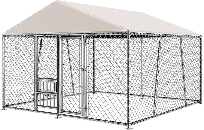 10 x 10FT Large Outdoor Dog Kennel with Bowls, Dog Kennel Outside with Waterproof Cover Roof, Galvanized Heavy Duty Chain Link Dog Runs Cage Playpen for Outside with Secure Lock