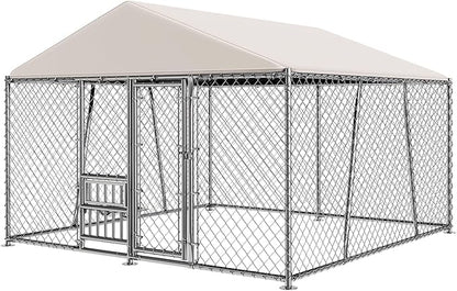 10 x 10FT Large Outdoor Dog Kennel with Bowls, Dog Kennel Outside with Waterproof Cover Roof, Galvanized Heavy Duty Chain Link Dog Runs Cage Playpen for Outside with Secure Lock