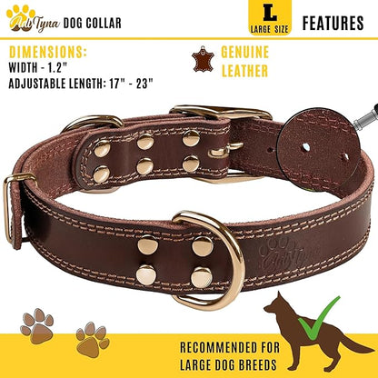 ADITYNA Heavy Duty Leather Dog Collar - Soft and Strong Leather Dog Collar for All Dog Breeds (Large: Fit 17" - 23" Neck, Brown - Gold Colored Buckle)