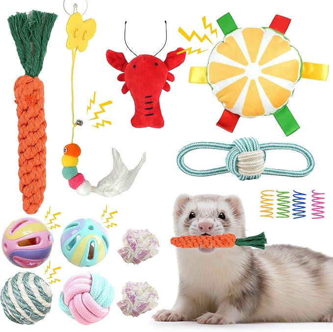15 Pack Ferret Chew Toys and Accessories Ferret Bell Balls Squeaky Teething Pet Toys Ferret Plushies Sound Toy for Interactive Pet Ferret Cat Dog Small Animal