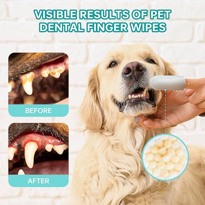 PITHER Dog Teeth Cleaning Wipes, 50pcs Pet Dental Finger Wipes Fresh Breath for Dogs and Cats Safe and Natural Wipe Away Plaque and Tartar Mildness in Nature Dog Brushing Set