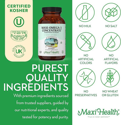 Maxi Health Omega 3 Supplement - Omega-3 Fish Oil Concentrate - Higher Potency Source of EPA/DHA Fatty Acids - Heart, Brain & Joint Health - Kosher Certified Wild Caught Fish - 90 Vegetarian Softgels