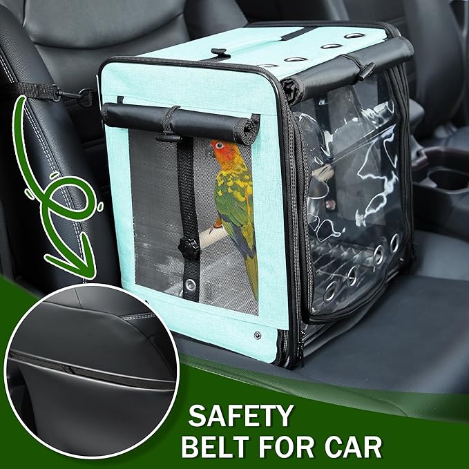 Suertree Bird Carrier with Seat Belt for Car Travel, Bird Backpack Carrier with Indestructible Stainless Steel Mesh, Large Bird Carrier Travel Cage, Green
