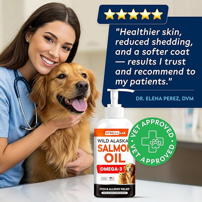 StrellaLab Wild Alaskan Salmon Oil for Dogs - Natural Omega 3 for Dogs & Cats, Itch & Allergy Relief, Skin & Coat Support - Fish Oil Liquid, EPA+DHA Fatty Acids for Hip&Joint, Immune&Heart Health 8 Oz