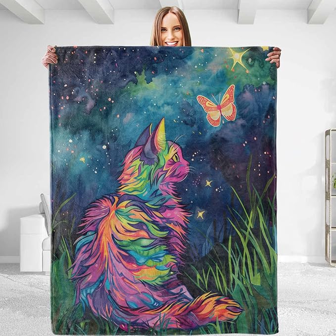 Colorful Cat Blanket Flannel Throw Blanket - Soft Plush, Comfy, Lightweight, Warm, Fuzzy, All-Season Gift for Sofa, Bedroom, Bed, Living Room, Outdoor Use for Men Women 50in×40in