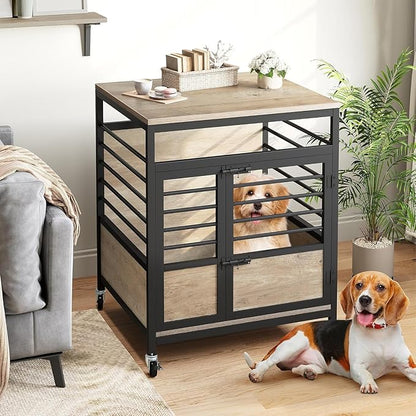 DWVO Dog Crate Furniture, 24 Inch Dog Kennel Indoor Furniture End Table for Dogs, Modern Decorative Wooden Cage with Wheels, Chew-Resistant, Greige