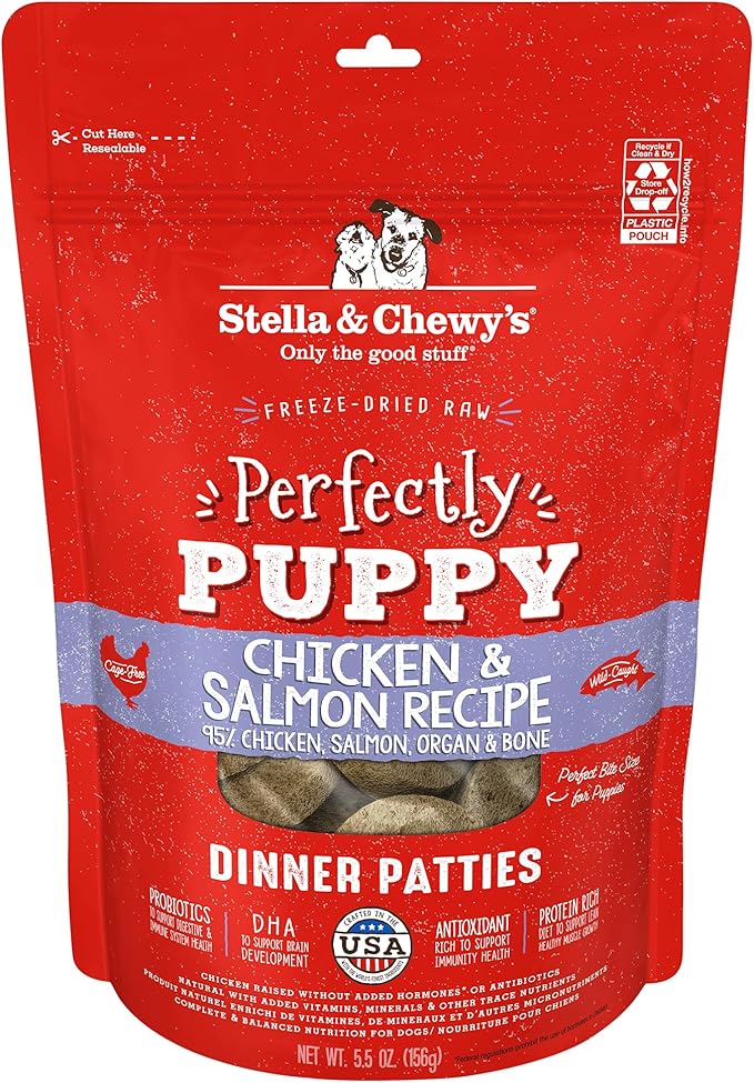 Stella & Chewy's Freeze Dried Raw Dinner Patties  Crafted for Puppies  Grain Free, Protein Rich Perfectly Puppy Chicken & Salmon Recipe  5.5 oz Bag