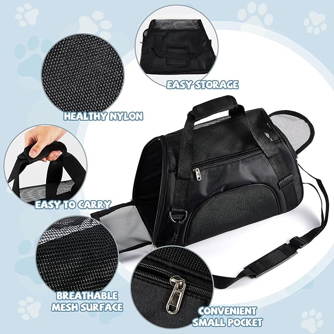 Sweetude 4 Pcs Cat Carrier Soft Pet Carrier for Cat Under 13lbs, 16.9X 11x 7.5 Inch, Soft Sided Foldable Comfortable Portable Carrying Bag for Cat Small Dog Pet Travel (Black, Gray)