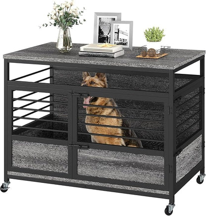 DWVO Dog Crate Furniture, 39 Inch Dog Kennel Indoor Furniture End Table for Dogs, Modern Decorative Wooden Cage with Wheels, Chew-Resistant, Dark Grey