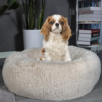 Small Dog Bed Calming Dogs Bed for Small Medium Large Dogs Anti-Anxiety Puppy Bed Machine Washable Warming Cozy Soft Pet Round Bed Fits up to 10-100 lbs (Medium (Pack of 1), Beige)