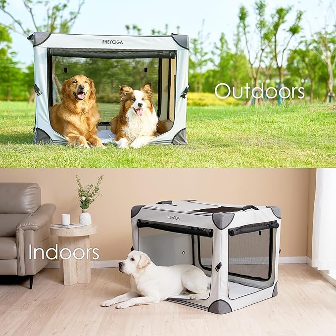 EHEYCIGA Collapsible Dog Crate 36 Inches, Portable Travel Crate for Large Dogs, Soft Foldable Pet Kennel with 4-Door Mesh Windows Indoor & Outdoor, Grey