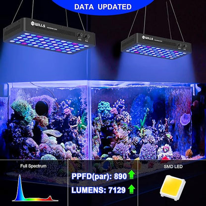 WILLS Aquarium Light, Full Spectrum Reef Lights for Coral with Dual Dimmable Channels, 55 Premium SMD Chips, Daisy Chain Design, Hanging Saltwater Fish Tank Light for SPS/LPS Coral Reef (165W/Black)