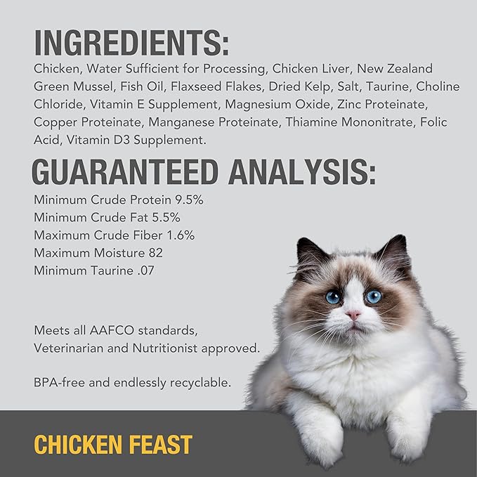 Feline Natural Wet Cat Food Pate, Chicken Feast, 6 Oz Cans (Pack of 12), Grain Free, Made in New Zealand with Cage-Free Chicken, Single Source, Limited Ingredient