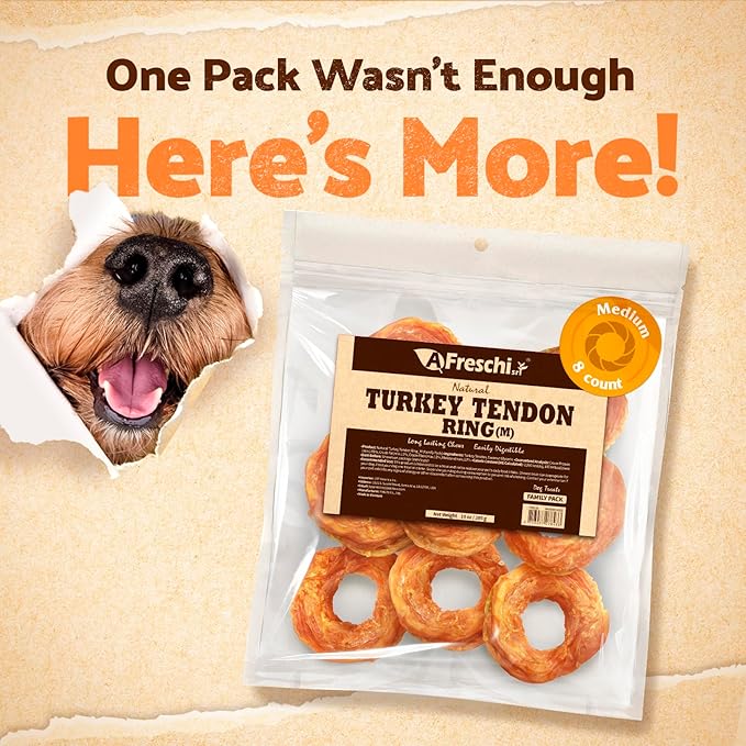 Afreschi Natural Turkey Tendon Ring (M) 10 oz, Turkey Sourced from USA, All Natural Puppy Chew, Hypoallergenic, Rawhide Alternative, for Medium Breeds