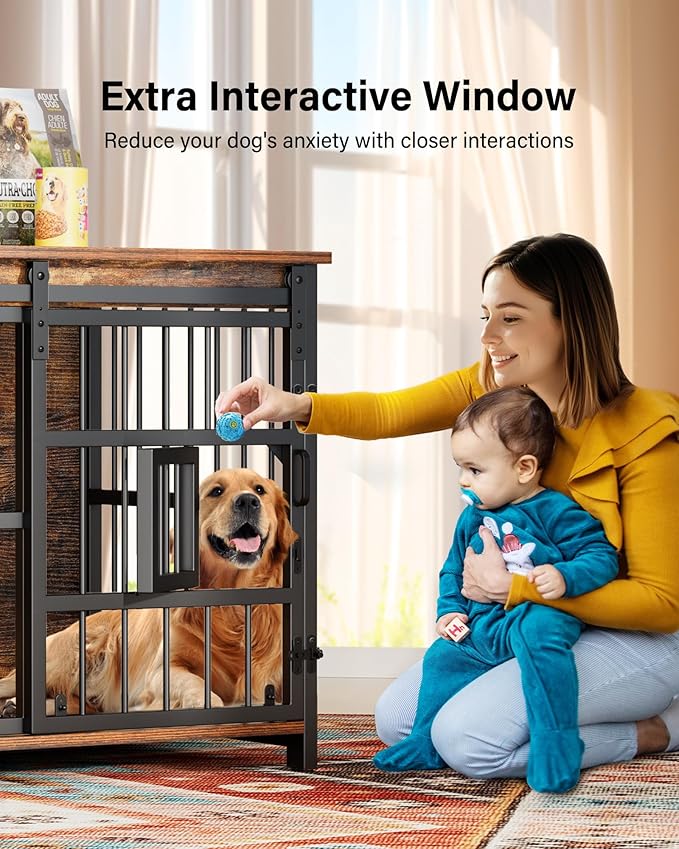 XL Dog Crate Furniture for Large Dogs, Barn Door Dog Crate with Interactive Window for Anxiety Dogs, 360°Rotatable & Elevated Dogs Bowls, Wooden Dog Kennel Furniture, Dog Cage Furniture Indoor