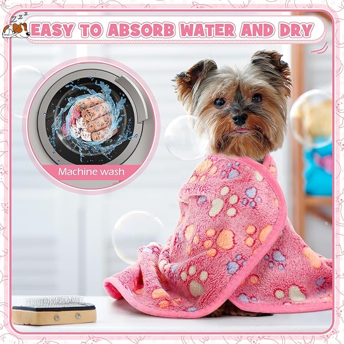 Tegeme 12 Pieces Pet Blanket Soft Fleece Dog Fluffy Doggie Warm Felt Throw Spring Paw Print Puppy Kitten Sleep Mat Bed Covers for Cat (23 x 16 Inch,Pink,Beige,Camel)