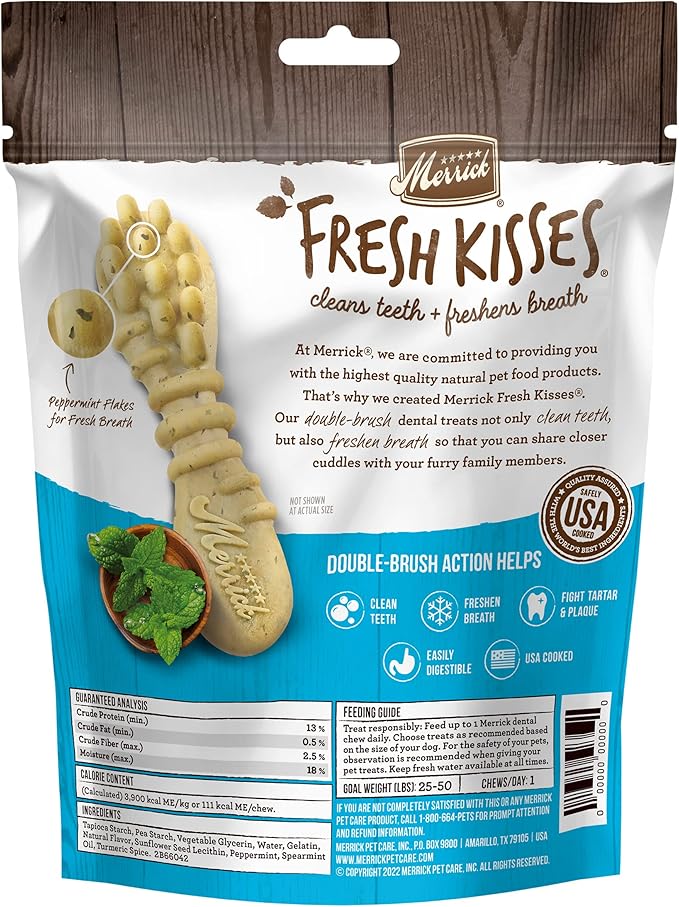 Merrick Fresh Kisses Natural Dental Chews Toothbrush Shape Treat Infused with Real Mint Medium Dogs - 10 Ct. Bag