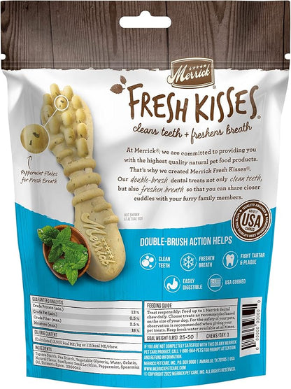 Merrick Fresh Kisses Natural Dental Chews Toothbrush Shape Treat Infused with Real Mint Medium Dogs - 10 Ct. Bag