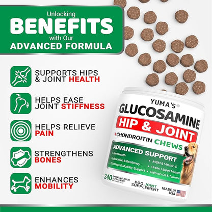 Glucosamine for Dogs - 240 Chews - Hip and Joint Supplement for Dogs - Advanced Glucosamine Chondroitin Treats with MSM - Joint Pain Relief - Large & Small Breed - Mobility Support - Made in USA