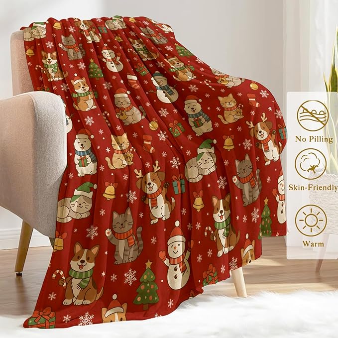 Cat and Dog Christmas Decorative Throw Blanket, Snowman Tree Bell Snowflake Print Decoration, Flannel Winter Blankets for Couch Bed Sofa, Holiday Home Decor, Xmas Festival Gifts 60x80 Inch