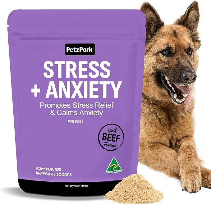 Stress and Anxiety Supplement for Dogs - Calming Dog Powder Supplement - Decreases Stress, Calms Fear & Anxiety, Eases Aggression & Insomnia, Relaxes Body and Mind - Beef Flavour - 3.2oz - 45 Scoops