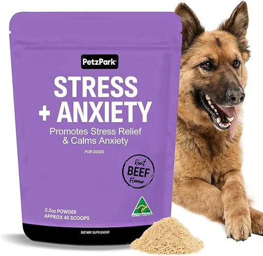 Stress and Anxiety Supplement for Dogs - Calming Dog Powder Supplement - Decreases Stress, Calms Fear & Anxiety, Eases Aggression & Insomnia, Relaxes Body and Mind - Beef Flavour - 3.2oz - 45 Scoops