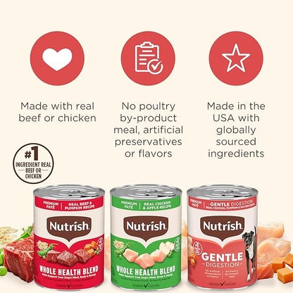 Nutrish Gentle Digestion and Whole Health Blend Premium Paté Variety Pack Wet Dog Food, 13 oz. Can, Pack of 12, Packaging May Vary (Rachael Ray)