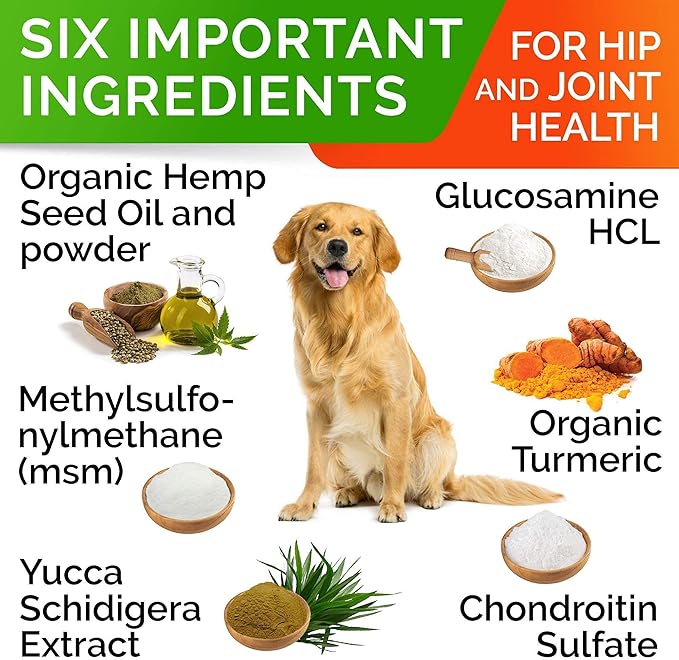 Hemp Chews for Dogs - Glucosamine Chondroitin for Dogs Joint Pain Relief with Hemp Oil, Hip & Joint Supplement Dogs, MSM Turmeric for Dogs Mobility, Dog Joint Supplement, Hemp Dog Treats Joints Health