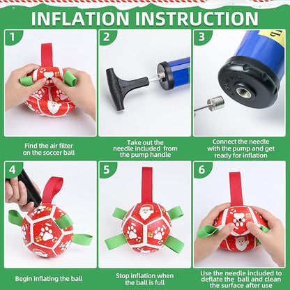 QDAN Christmas Dog Toys Soccer Ball with Straps, Outdoor Interactive Dog Toys for Tug of War, Puppy Birthday Gifts, Dog Tug Toy, Dog Water Toy, Durable Dog Balls for Small Dogs（5 Inch）