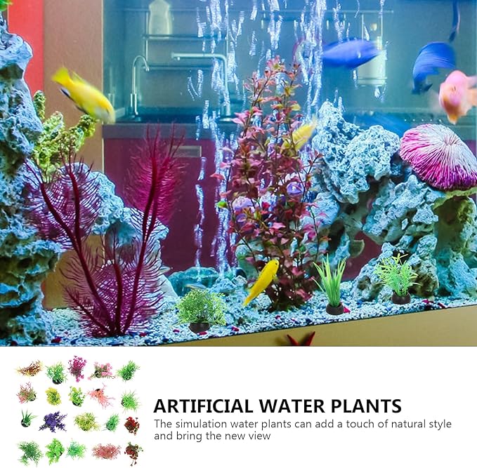 POPETPOP 40 Pcs Artificial Aquarium Plants - Mini Fish Tank Landscaping Water Plants, Plastic Small Aquarium Decor for Household and Office Aquarium