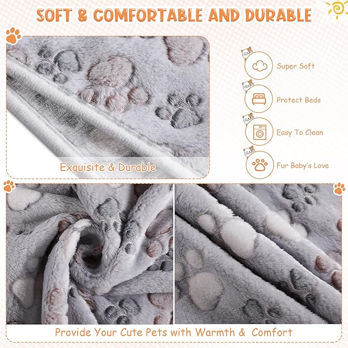 Tatuo 4 Pcs Dog Blanket Pet Puppy Blanket Puppy Teething Toys Paw Print Fleece Blanket for Pet Cat Soft Warm Sleep Mat Guinea Pig Cage Blanket(Small(24 x 16 Inch),Gray)