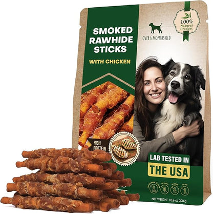 Dog Treats Rawhide Sticks Wrapped with Chicken 11 oz Pet Natural Chew Treats - Grain Free Meat & Human Grade Dried Snacks - Best for Small & Large Dogs (10.6 Ounce (Pack of 1), Smoked Chicken)