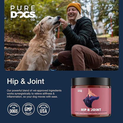 Pure Dogs Hip & Joint Dog Chews - Glucosamine Chondroitin & Green Lipped Mussel for Joint Pain Relief, Function & Mobility, Gut & Digestive Support - for Large & Small Breeds - 90 Chews
