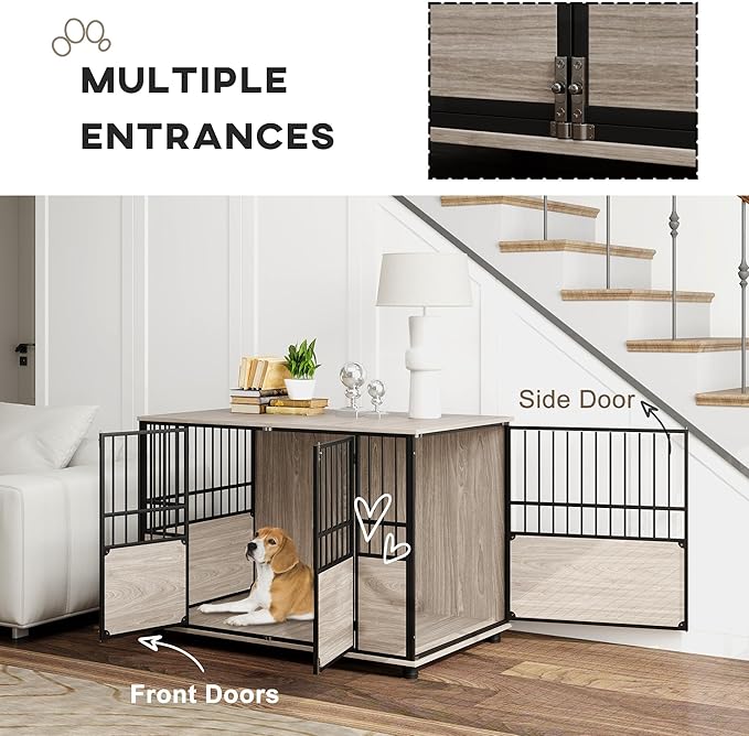 PawHut 46" Dog Crate Furniture End Table, Wooden Dog Kennel Indoor Pet House with 3 Doors, for Small to Large Dogs